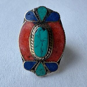 Vintage Tibetan Turquoise Ring Coral Lapis Inlay Handmade Tribal Large